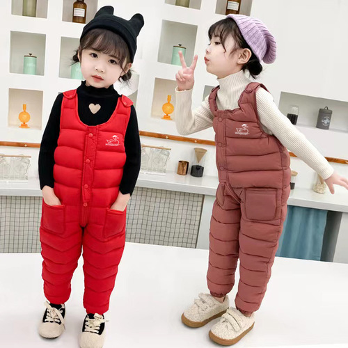 Autumn and winter children's pocket down cotton pants for infants and toddlers, adjustable jumpsuits for children, thick bibs for small and medium-sized children