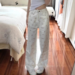 春の女性用白い花柄ストレートジーンズ、梨型体型、スリム、ハイウエスト、ゆったり、万能カジュアルワイドレッグパンツ