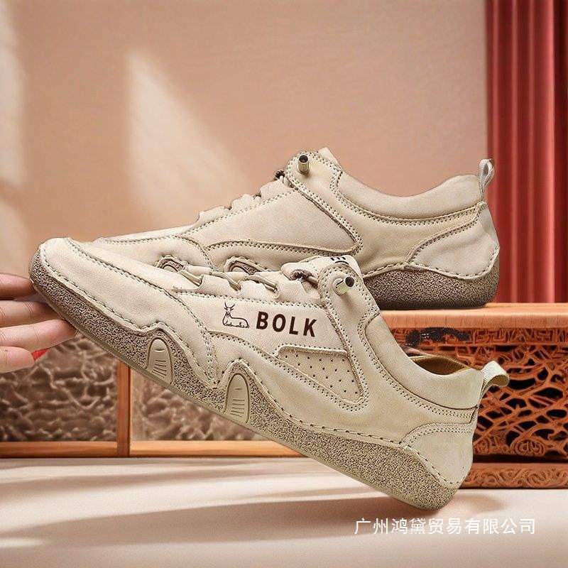 公羊联盟秋季牛皮男鞋小白鞋板鞋黄羊真牛皮休闲男士鞋子卡其色