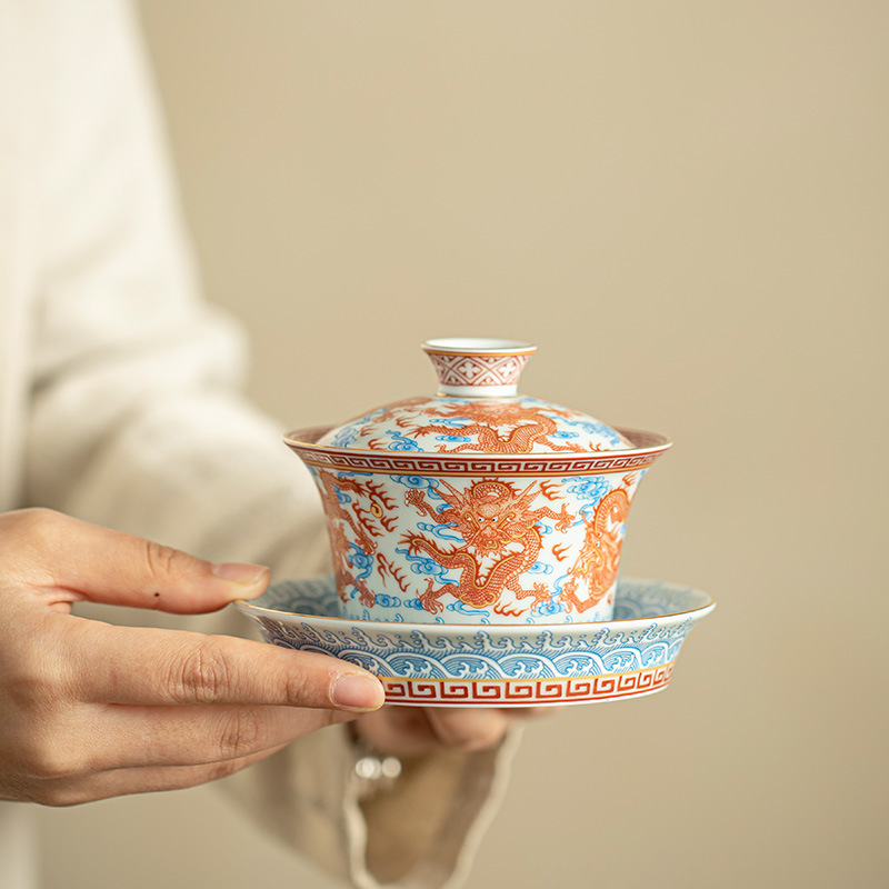 景德镇手工马蹄盖碗单杯单个家用矾红九龙陶瓷泡茶器家用功夫盖碗