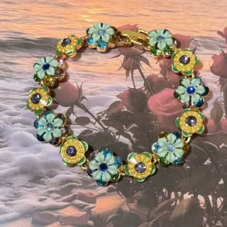 中古vintage复古珐琅釉彩色镶钻花朵手链重工高级感手环百搭手饰
