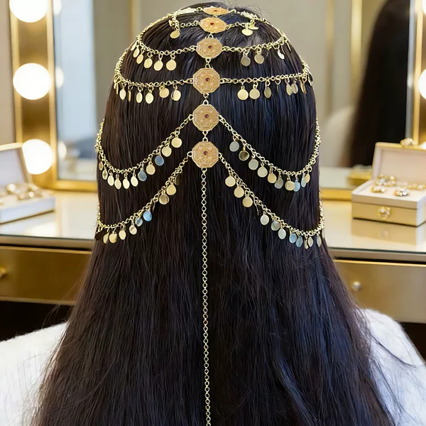 Middle Eastern Arabic-style bridal wedding headpiece, multi-layer sequin tassel head chain, ethnic-style performance headpiece