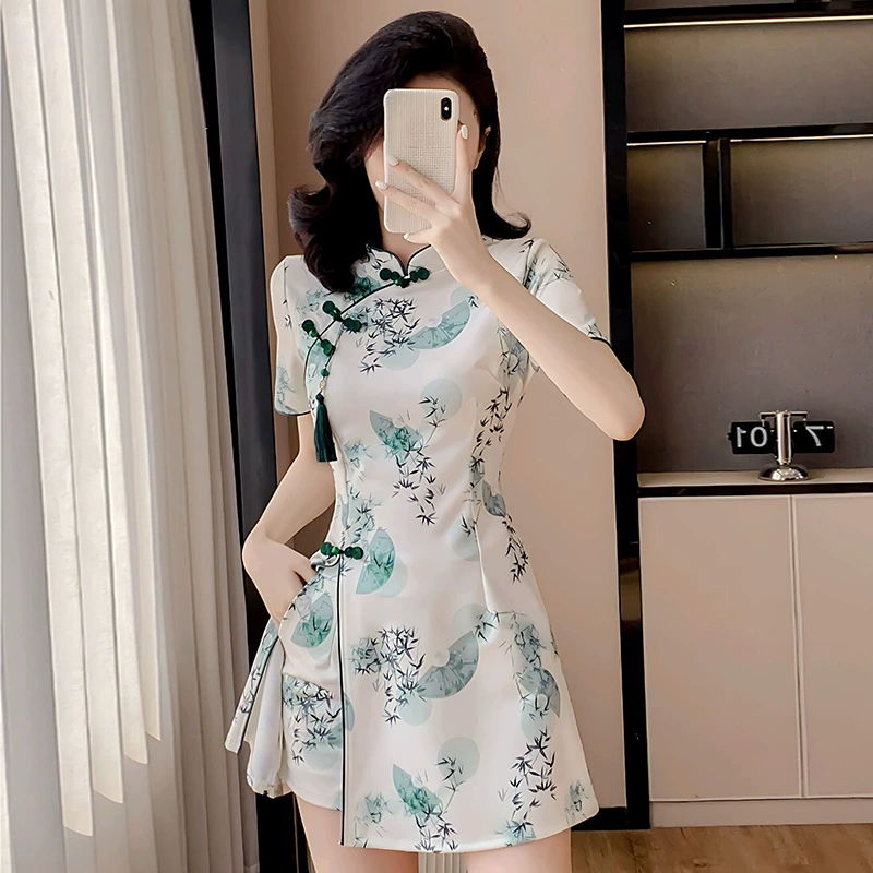 Новый китайский стиль ретро элегантный темперамент с уменьшенным возрастом улучшенный cheongsam принт с кисточкой с короткими рукавами платье из двух частей