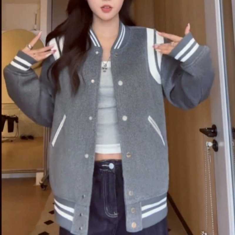 American Style Loose Gray Baseball Suit Women's 2024 Autumn New Design Sense Retro College Style Polyester Jacket