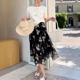 26新款设计大摆复古优雅气质真丝雪纺半身裙雏菊印花度假风A字裙