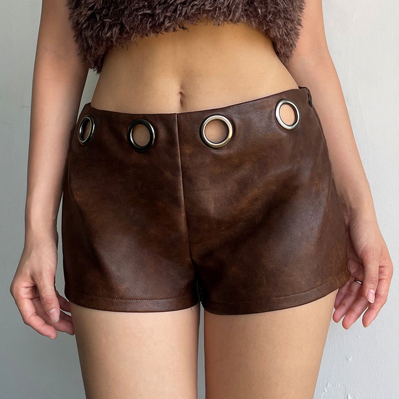 Motorcycle Style Leather Splicing Hole Waist Design Sexy Low-Waist Shorts Summer Retro Personalized Fashion Hot Pants