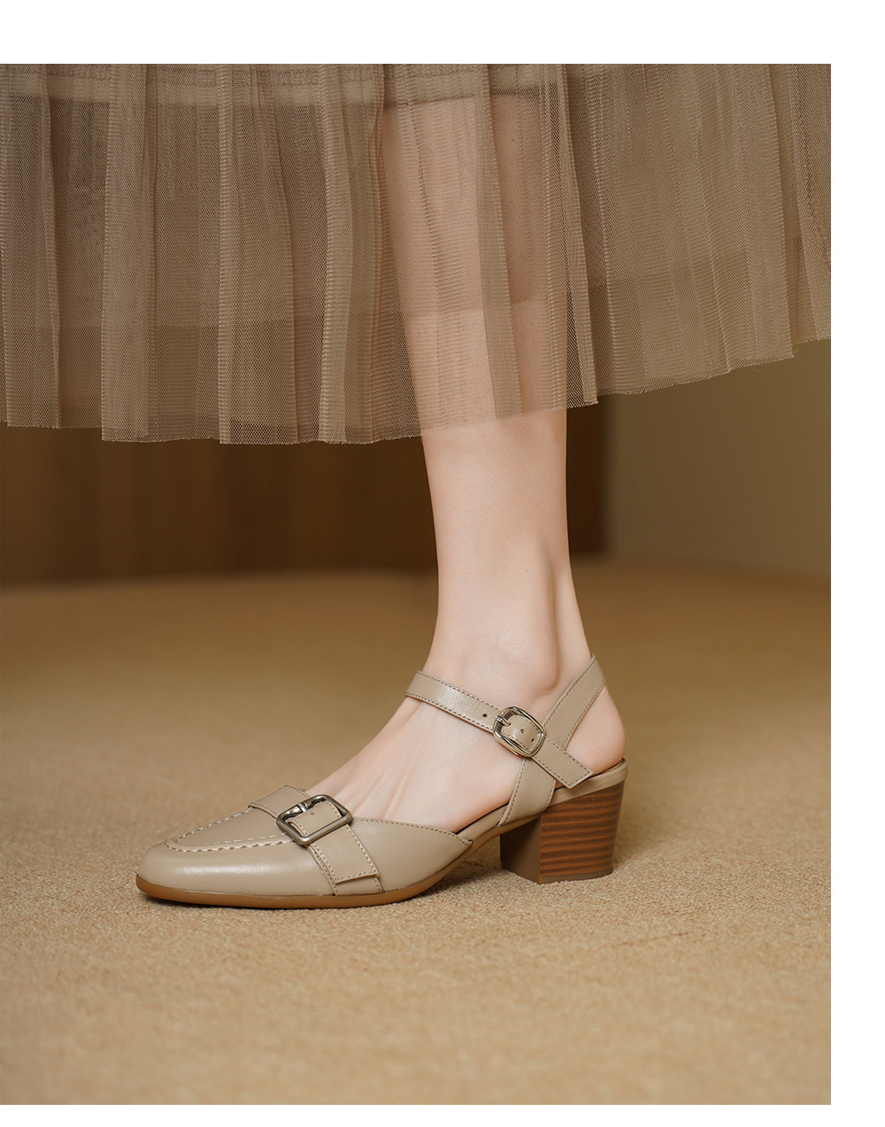Sandal cao gót nữ hở mũi quai ngang khóa cài, gót 5 cm — đen chi tiết 4