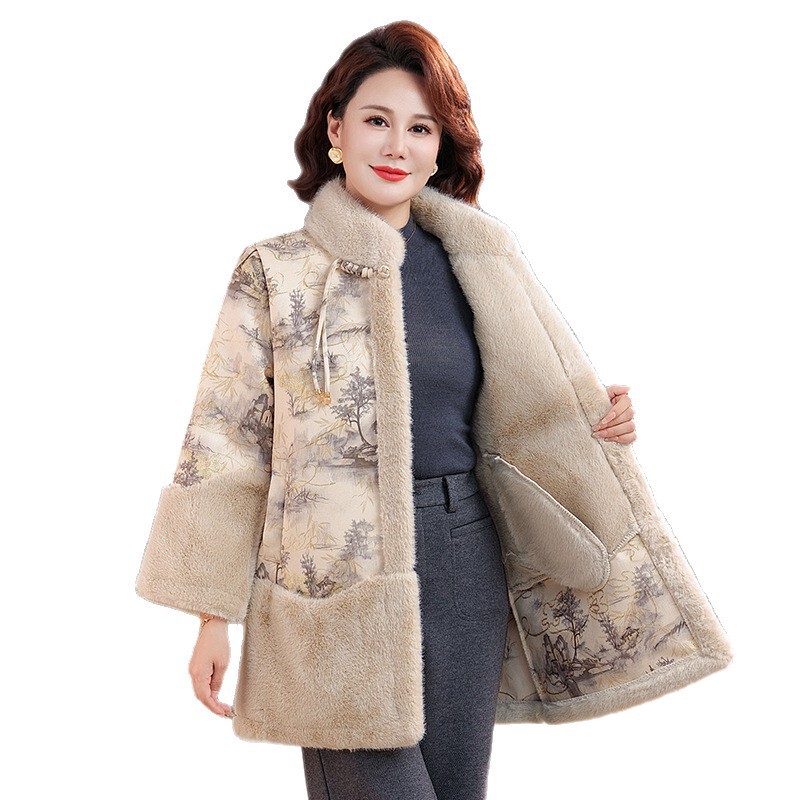 Middle-Aged and Elderly Women's Winter Mid-Length Outwears, Stylish Mothers' New Chinese Style Imitation Mink Velvet Outwears, Thickeneded Woolen Outwears