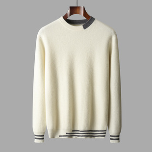 Autumn and Winter New Men's Round Neck Thickened Pure Wool Sweater Yuanbao Needle Sweater Color-matching Knitwear Pullover Base Sweater Sweater