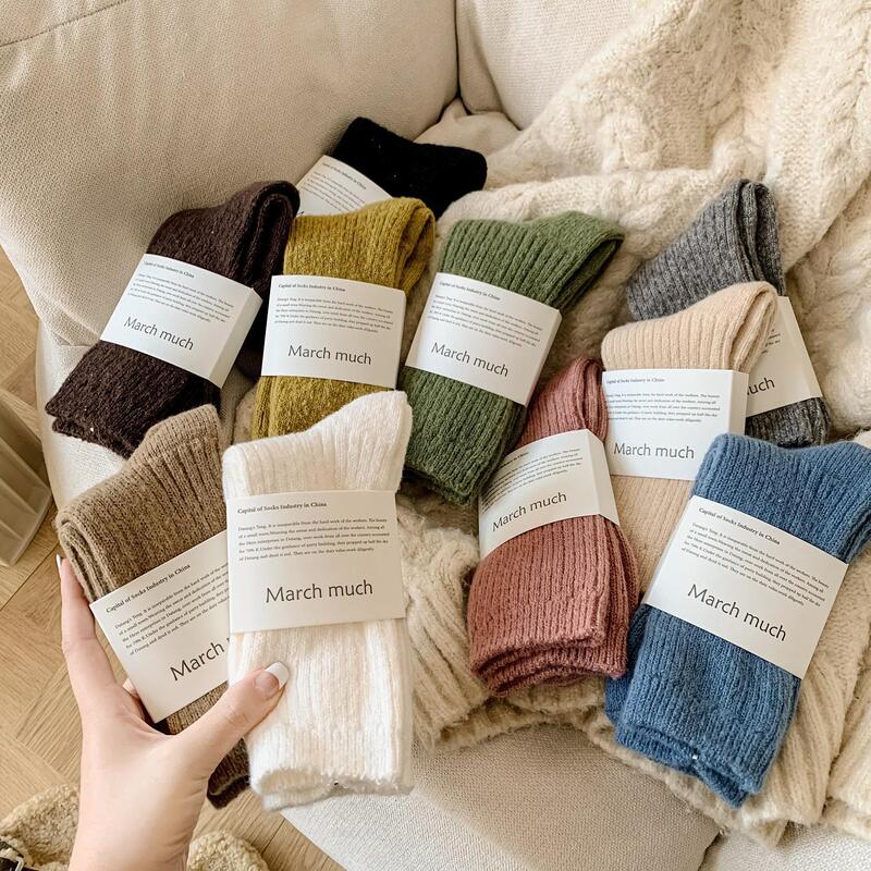 New Plain-Colored Merino Wool Socks, Sports Knit Crew Socks, Thick and Warm Winter Soft Cashmere Wool Women's Comfortable Socks