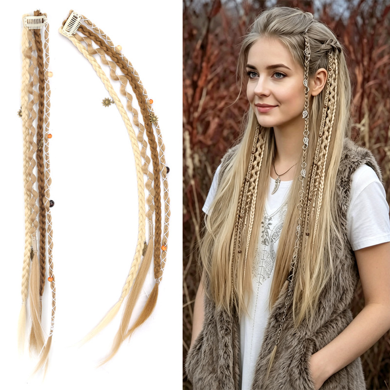 A Pair of European and American Bohemian Style Wig Braids, Hand-Woven Dreadlock Hair Bundles with Bead Clip-In Extensions A Pair of European and American Bohemian Style Wig Braids, Hand-Woven Dreadlock Hair Bundles with Bead Clip-In Extensions