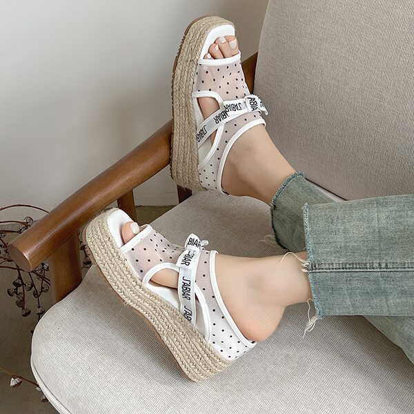Sandal hở mũi nữ đế xuồng lưới chấm bi gót độn cao 2025 — Chấm bi trắng, Màu trắng