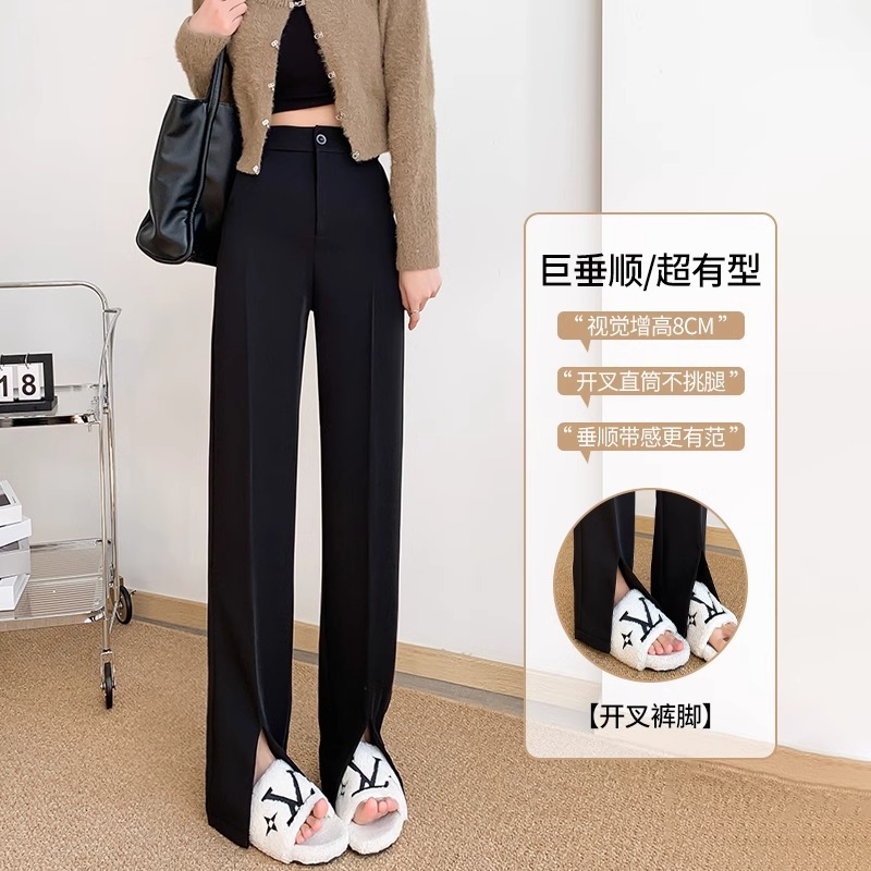 Pantalones de traje negro para mujeres 2024 otoño y invierno más vello cintura alta tenedor recto adelgazamiento de alta calidad pantalones de piernas anchas