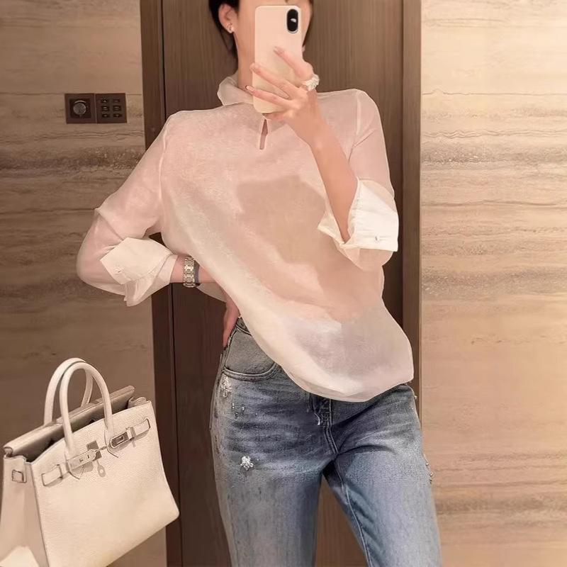 2026 Spring/Summer New Luxury Light-Weight Shiny Skin-Friendly Breathable Beaded Single-Button Elegant Stand Collar Light Chinese Style Shirt Top