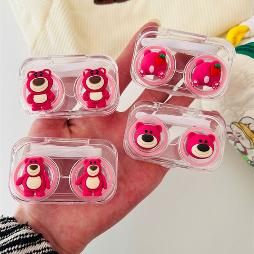 新款草莓熊透明美瞳盒小巧迷你便携式隐形眼镜盒一体式卡通伴侣盒