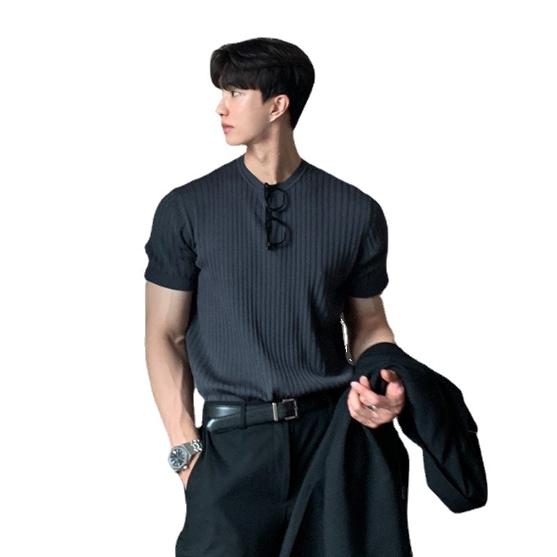 boy Summer Short T-Shirt For Men Ice Silk Knitted Shirt Stretchy Korean Style Slim Fit Round Neck Casual Thin Solid Color_viptrois.com