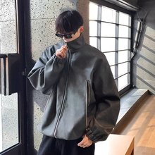 PU皮复古美式夹克男士春季潮流牌个性拉链设计感翻领工作男生外套