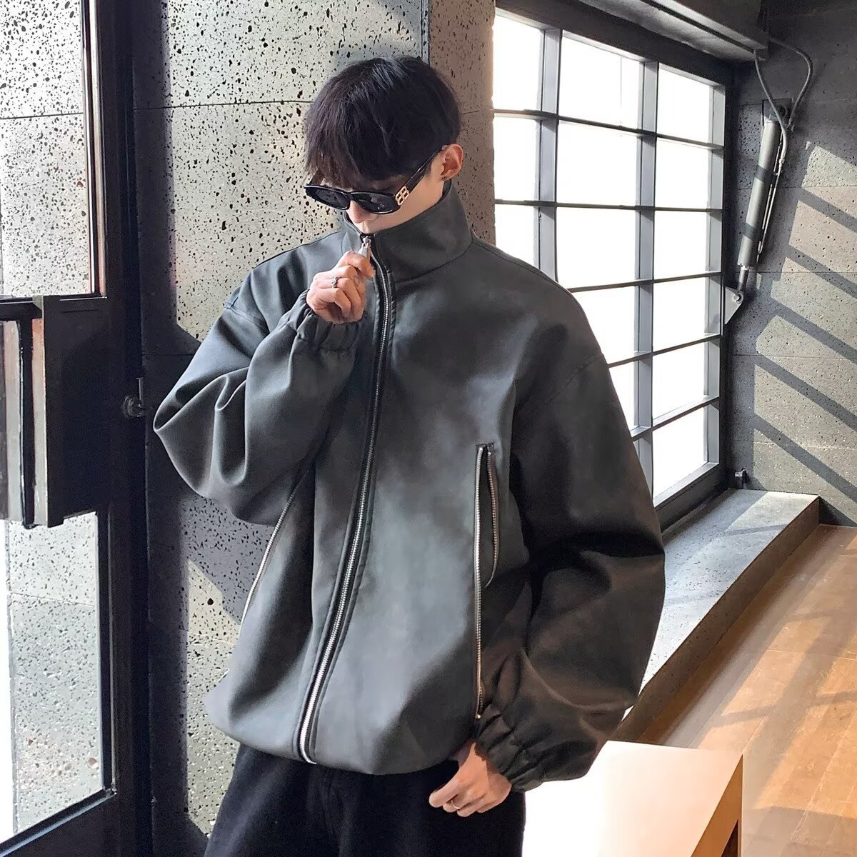 PU皮复古美式夹克男士春季潮流牌个性拉链设计感翻领工作男生外套