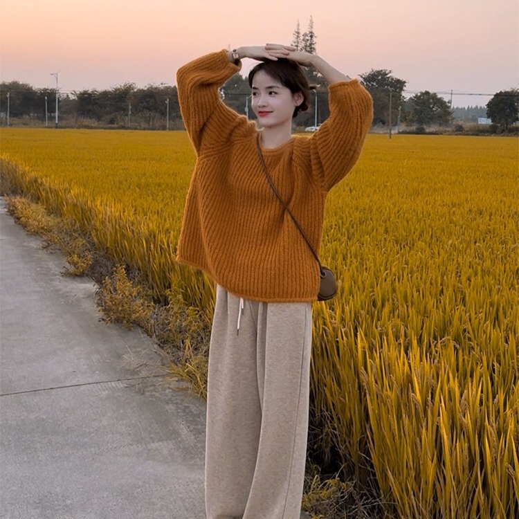 Lazy Style Rolled-Edge Chunky Knit Sweater 2026 Autumn and Winter New Women's Loose Slimming Korean Style Round Neck Knit Top Lazy Style Rolled-Edge Chunky Knit Sweater 2026 Autumn and Winter New Women's Loose Slimming Korean Style Round Neck Knit Top