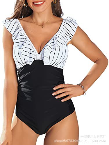 2024 Amazon nuevo traje de baño de una pieza plisado para mujer traje de baño plisado con cuello en V image 17