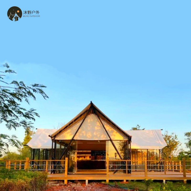 Muye al aire libre grande de lujo salvaje techo T-tipo camping bar tienda de campaña campamento residencial tienda de campaña hotel fabricante