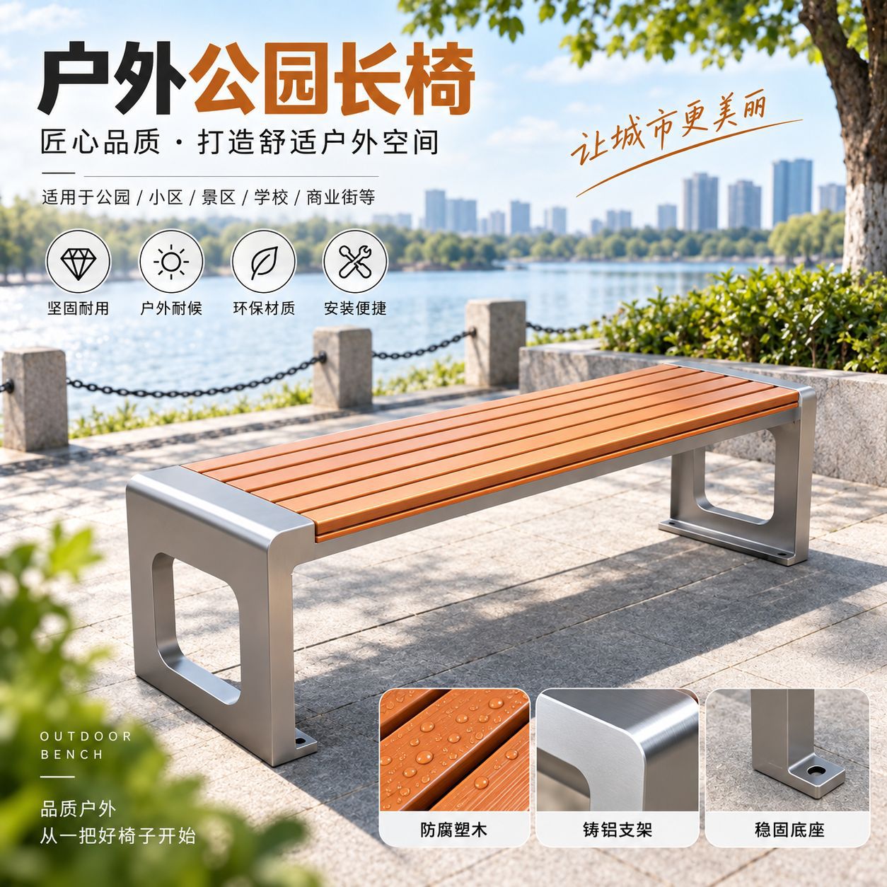 公园椅户外长椅休闲铸铝座椅塑防腐木长条凳室外庭院露天椅子批发