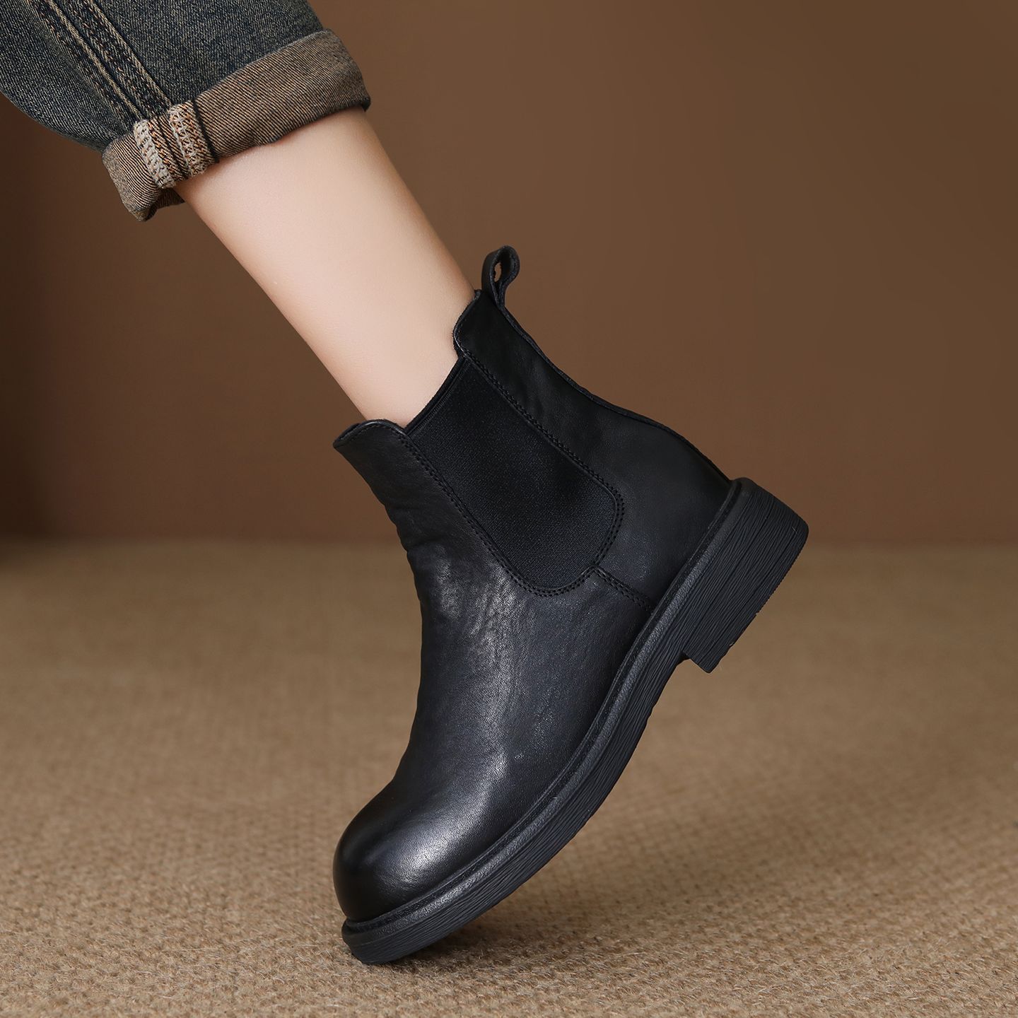Washed Horsehide Martin Boots for Women, New Autumn and Winter Vintage Pleated Short Boots, Women's Chelsea Boots, Full Leather Inside and Out