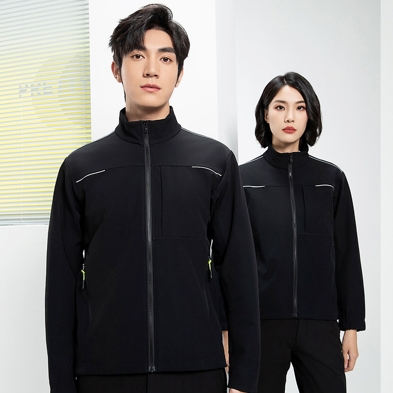 Spring and autumn season unisex softshell workwear, featuring a stand-up collar, windproof and waterproof properties, fleece lining for warmth, and a business-style jacket design suitable for executives Spring and autumn season unisex softshell workwear, featuring a stand-up collar, windproof and waterproof properties, fleece lining for warmth, and a business-style jacket design suitable for executives