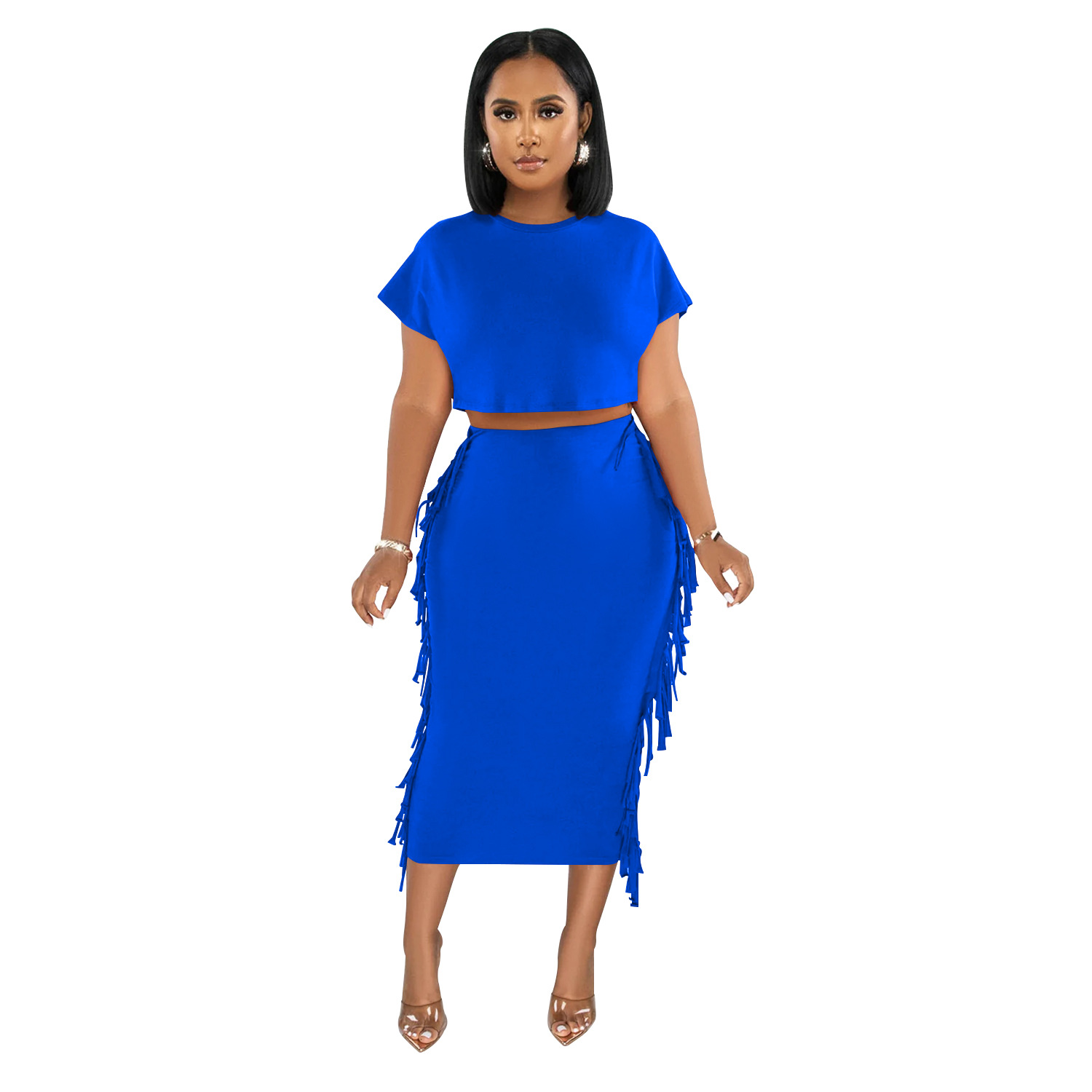X6331 transfronterizo AliExpress Amazon ropa de mujer de moda europea y americana borla de color sólido cuello redondo Vestido de manga corta conjunto de dos piezas