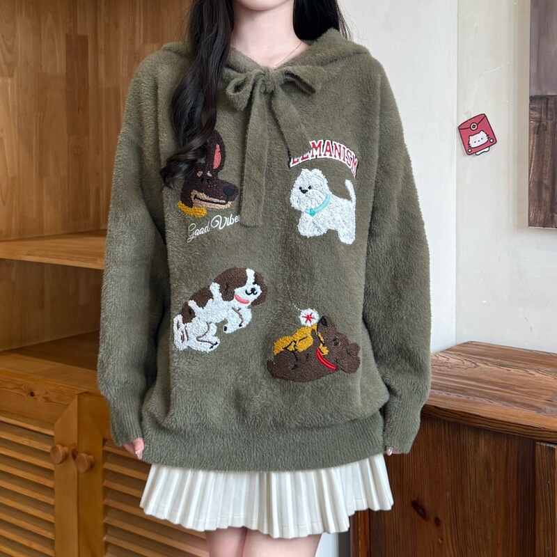 Cute Cartoon Puppy Towel Embroidery Hooded Pullover Sweater for Women, Korean Style Lazy Style Outerwear and Innerwear, Mid-Length Hoodie Cute Cartoon Puppy Towel Embroidery Hooded Pullover Sweater for Women, Korean Style Lazy Style Outerwear and Innerwear, Mid-Length Hoodie