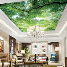 8D天花板吊顶壁纸蓝天白云大树空间延伸棚壁画绿色风景顶屋顶墙纸