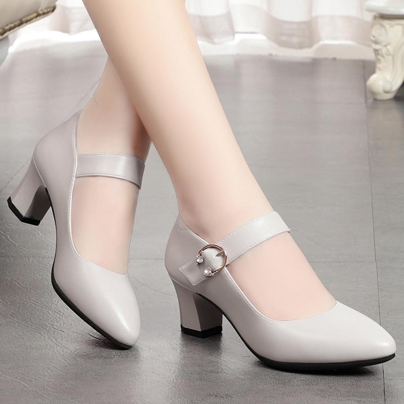 Mom's Shoes Spring and Autumn 2026 New Style Soft Sole Chunky Heel Single Strap High Heel Single Shoes Women's Mid-Heel Round-Toe Women's Leather Shoes