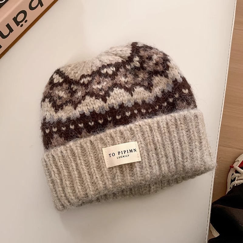 フェア島風毛糸帽子女子秋冬レトロ百合大頭囲保温ニット帽子顔小耳保護帽子