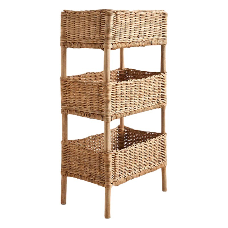 Rack de almacenamiento de ratán de piso de estilo de país decoración de cama y desayuno artículos diversos rack de almacenamiento de madera maciza tejida a mano cesta de almacenamiento de múltiples capas
