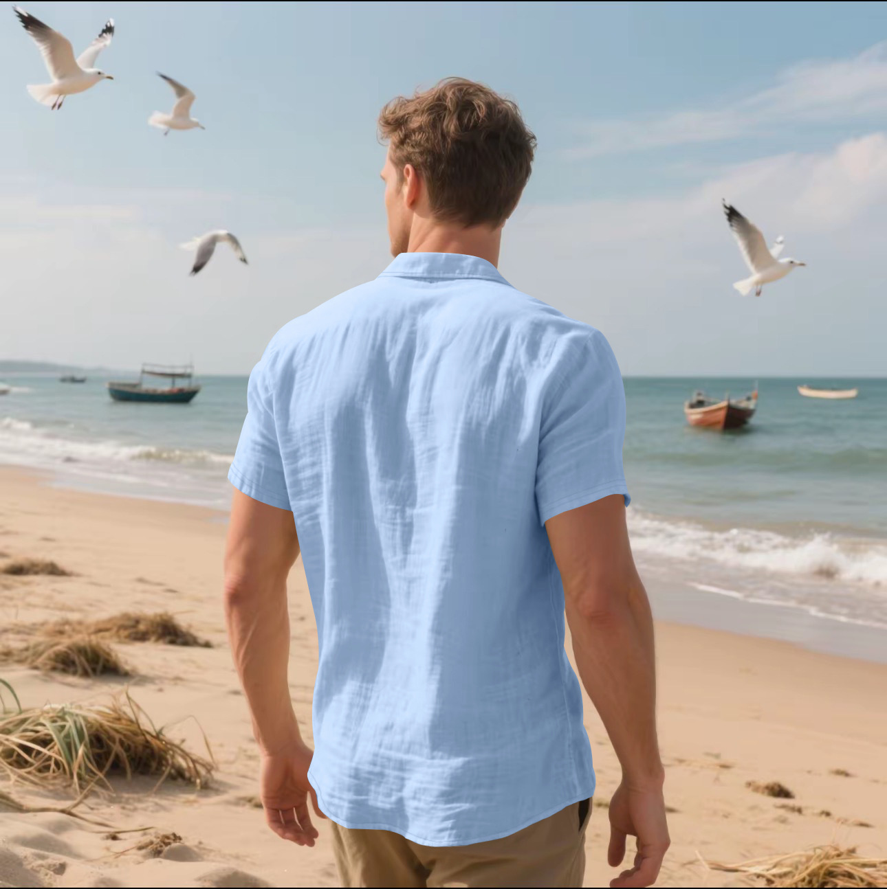 Herren Leinen Kurzarmhemd Atmungsaktives Sommer Freizeithemd_voghion.com