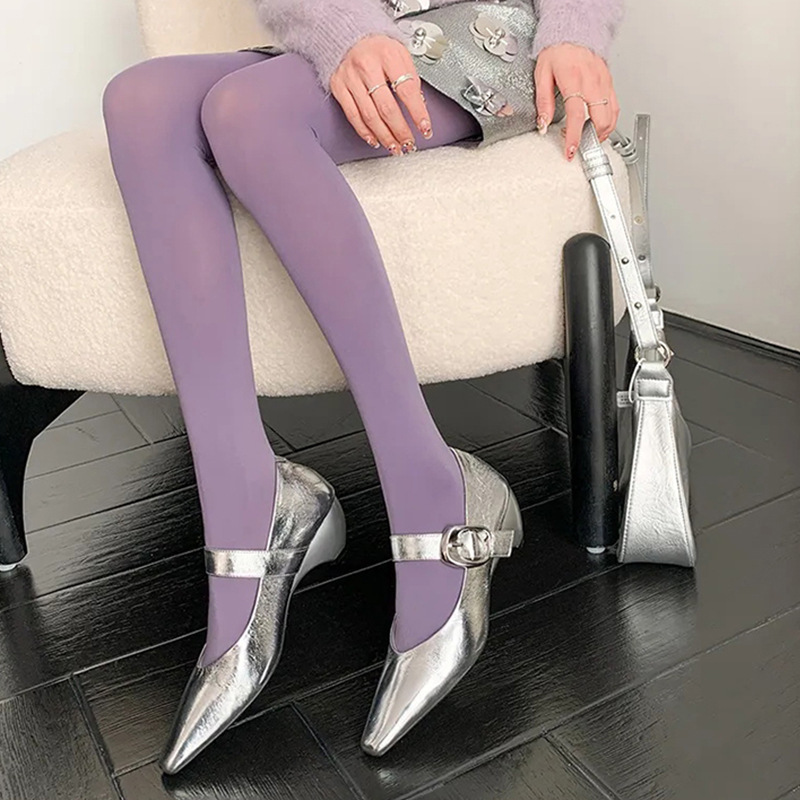牛皮版法式复古金扣真皮尖头粗跟浅口单鞋女一字扣带坡跟玛丽珍鞋|undefined
