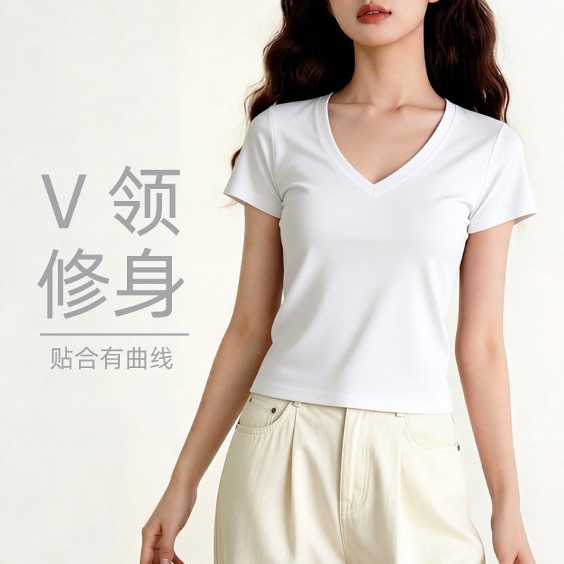 Three Sea Whales | Summer Solid Color Short-Sleeve T-Shirt for Women, New V-Neck Elastic Waist Slimming Versatile Trendy Top.