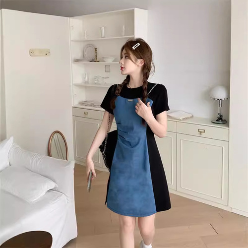 Fat MM does not pick a figure, retro denim stitching dress, women's new summer dress, covering the belly and showing slimming A-line short skirt