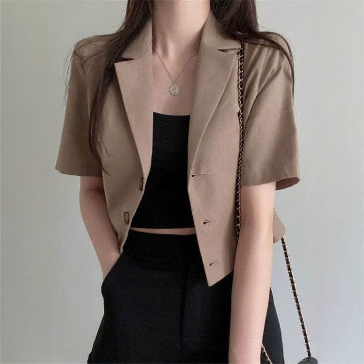 Korean Style Casual Short-Sleeved Solid Color Blazer for Women, Summer Thin Loose Short Elegant Jacket for Petite Figures