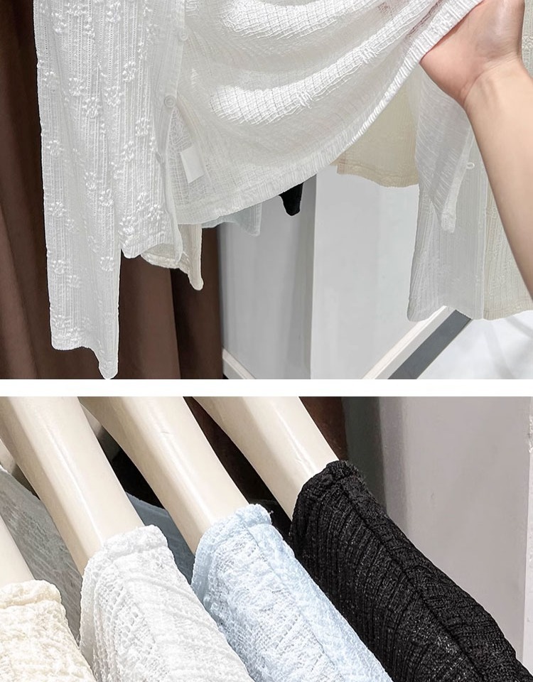 Bộ áo cardigan dệt kim lụa kết hợp váy hai dây ren chống nắng nữ — Màu xanh lam nhạt chi tiết 7