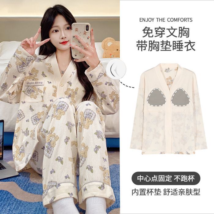 Al por mayor transfronterizo primavera y otoño nuevo algodón arrugado cardigán kimono corbata cojín de pecho pijama de manga larga ropa doméstica de dibujos animados de mujer