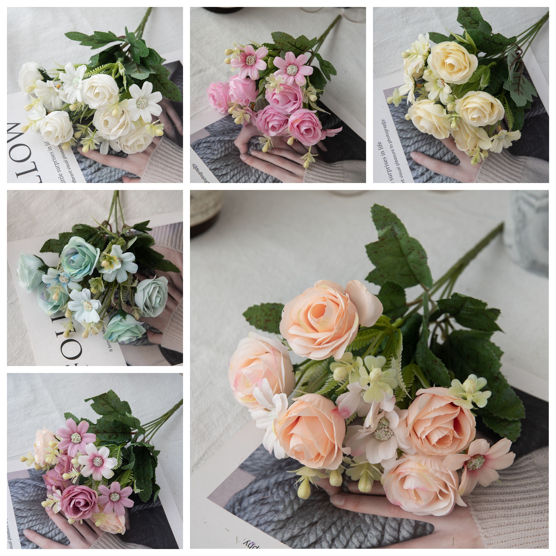 Ramo de rosas, fabricante de flores artificiales, flores falsas, plantas verdes, decoración de bodas, manualidades, flores artificiales portátiles al por mayor para exportación.