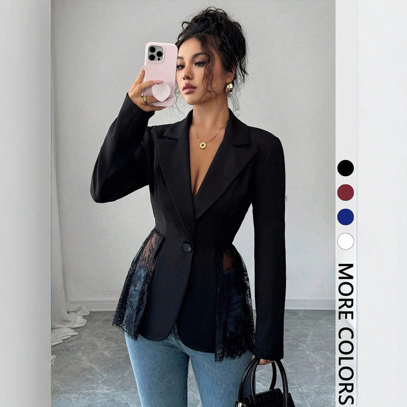 European and American Cross-Border Foreign Trade 2026 Spring New Style Contrasting Color Lace Waist Slimming A-Line Women's Blazer European and American Cross-Border Foreign Trade 2026 Spring New Style Contrasting Color Lace Waist Slimming A-Line Women's Blazer