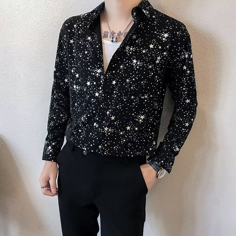 Cyber Celebrity Five-pointed Star Shirt Men's Long-sleeved Casual Silky Ins Puffy Handsome High-end Fashionable All-match Shirt