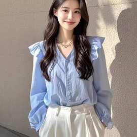今年流行的漂亮小衫轻奢高级感法式小众绝美蓝色长袖衬衫女新款