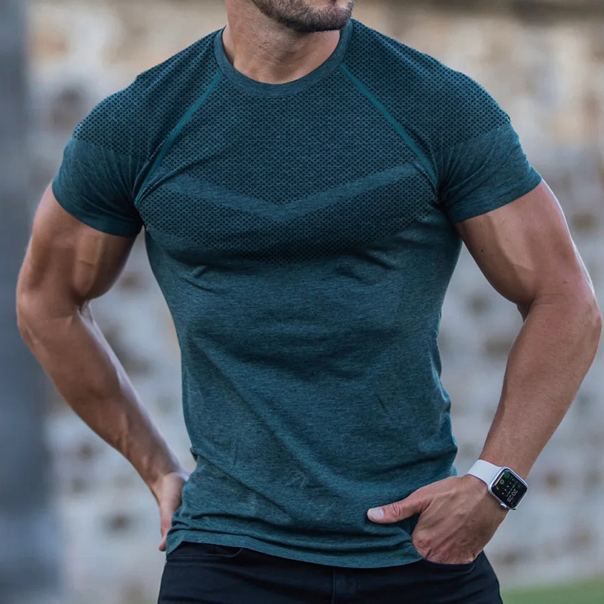 Comercio exterior transfronterizo entre Europa y Estados Unidos Wish hombre de otoño deportivo acondicionamiento casual cuello elástico catiónico cuello redondo camiseta de manga corta