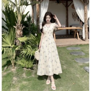 又巷野餐日记领碎花连衣裙女夏季新款收腰系带显瘦长裙薄纱