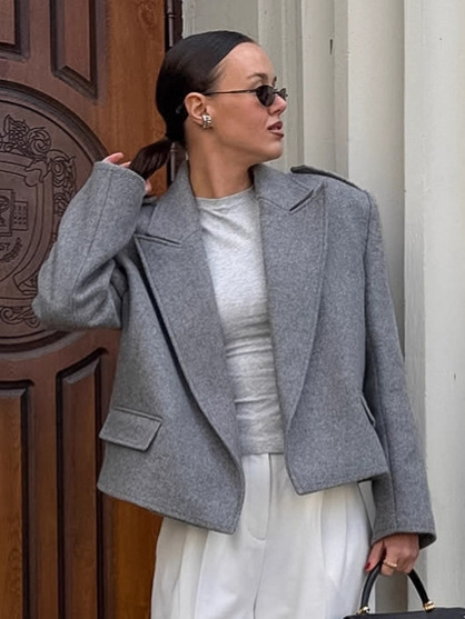 跨境通勤职场灰色西装外套女2025秋季设计感毛呢垫肩西服上衣女装|undefined