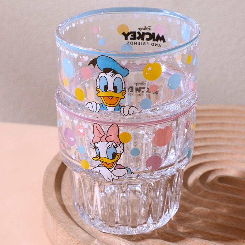 Nueva taza de vidrio de patrón vertical de Disney, taza de agua de dibujos animados de lunares, taza de agua para el hogar de alto valor femenino, taza de agua para la oficina