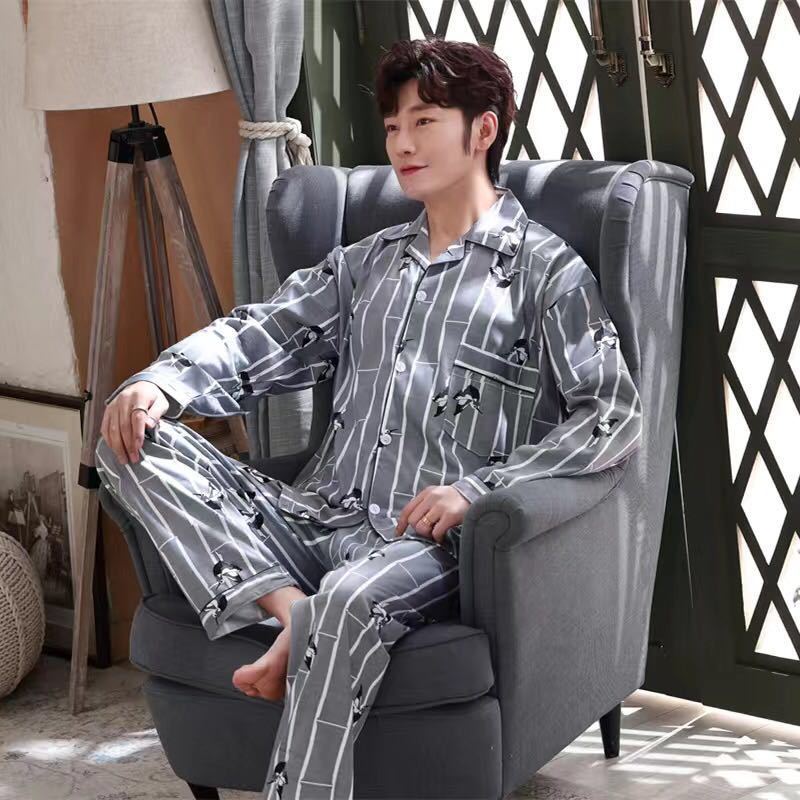 Jóvenes de mediana edad elegante ropa para el hogar otoño e invierno más traje de manga larga pijamas de solapa primavera y otoño de los hombres de punto de algodón cardigan